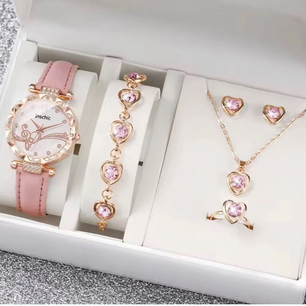 chic Pink Heart Jewelry Set with Watch